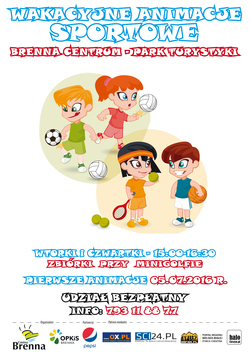 Plakat promujący wakacyjne animacje sportowe.