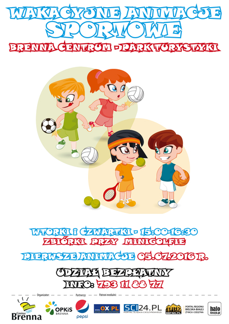 Plakat promujący wakacyjne animacje sportowe. (kliknięcie spowoduje powiększenie obrazu)